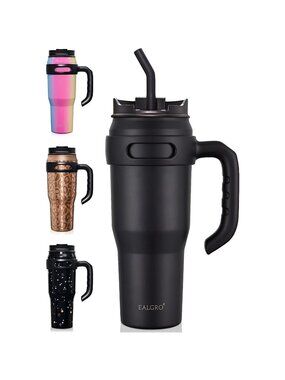40 oz Large Insulated Tumblers with Straw and Lid, Stainless Steel , Black